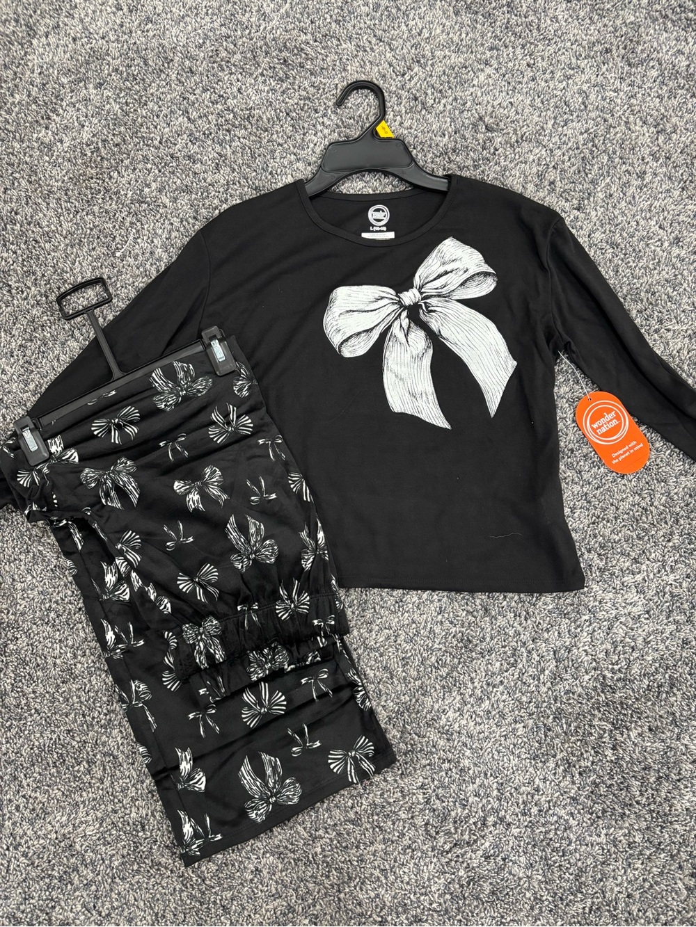 Girls Black Pajama Set with White Bow Prints